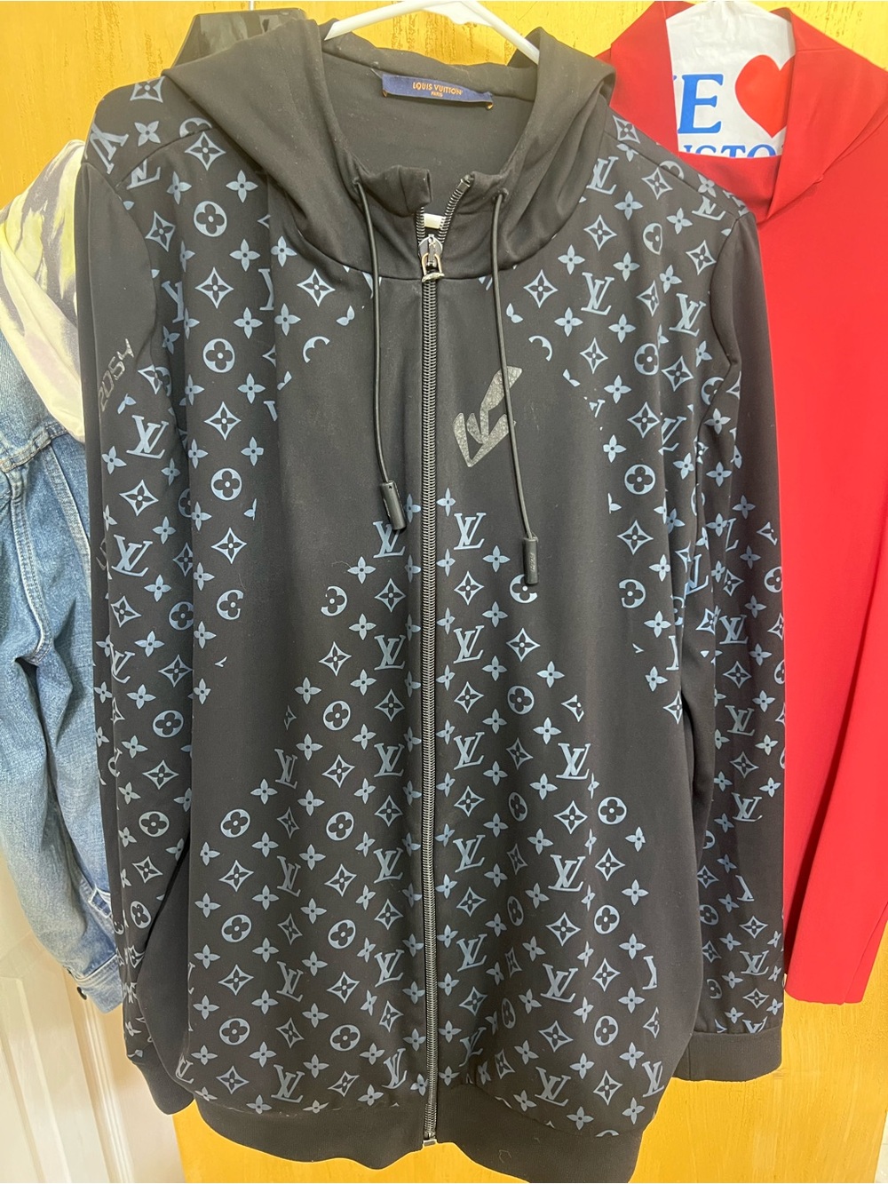 Louis Vuitton Black Zip Up Hoodie with Blue Monogram Accents (See Photos)